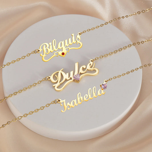 Acheerup Personalized Custom Name Necklaces for Women Stainless Steel Birthstone Zircon Link Chain Pendant Jewelry Birthday Gift