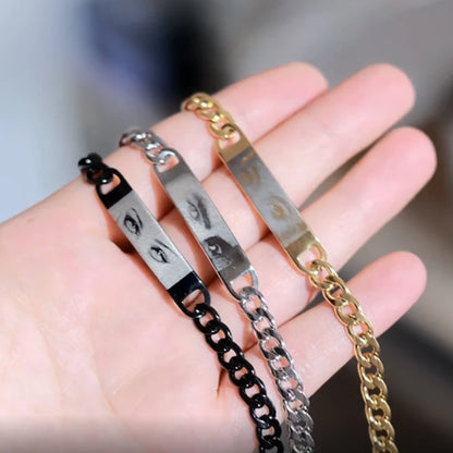 Letdiffery Personalized Eyes Photo Bracelets Stainless Steel Custom Laser Engrave Picture Name Date Men Women Kids Bracelet Gift